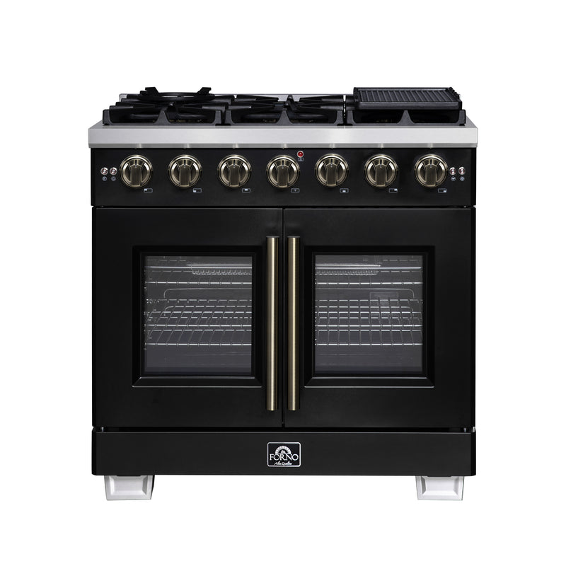 Forno Capriasca 36" Freestanding French Door Gas Range in Black, 6 Burners, Brass Burners, FFSGS6460-36BLK