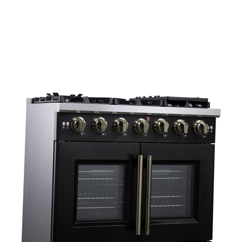 Forno Capriasca 36" Freestanding French Door Gas Range in Black, 6 Burners, Brass Burners, FFSGS6460-36BLK