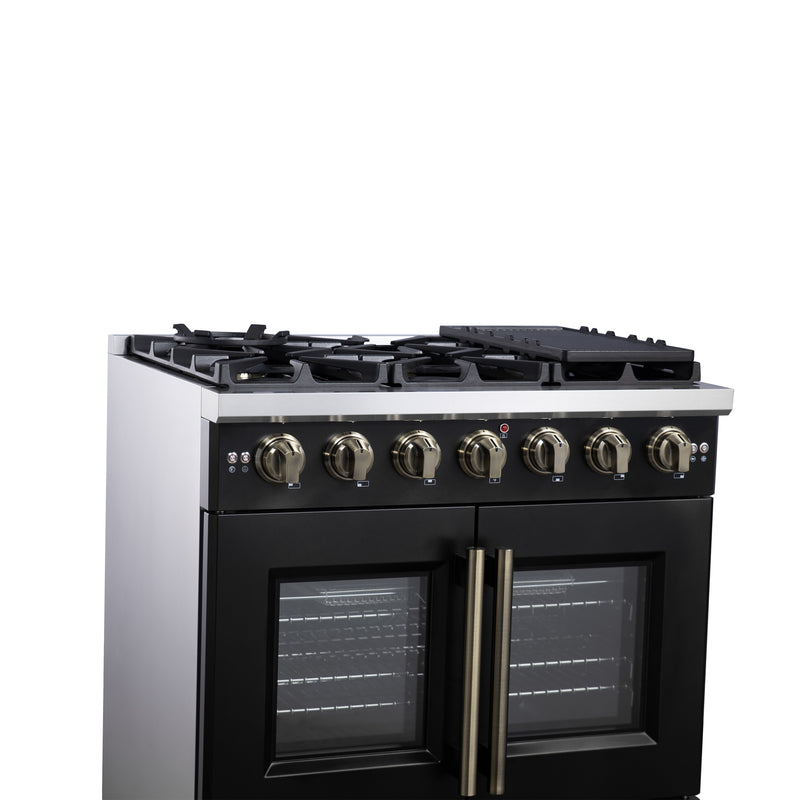 Forno Capriasca 36" Freestanding French Door Gas Range in Black, 6 Burners, Brass Burners, FFSGS6460-36BLK