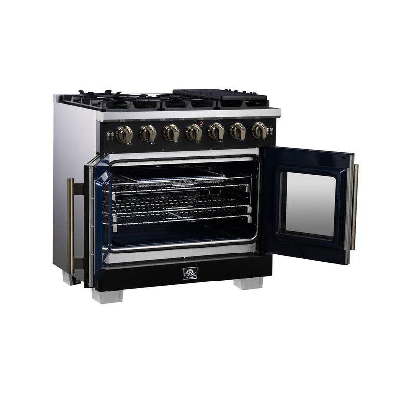 Forno Capriasca 36" Freestanding French Door Gas Range in Black, 6 Burners, Brass Burners, FFSGS6460-36BLK