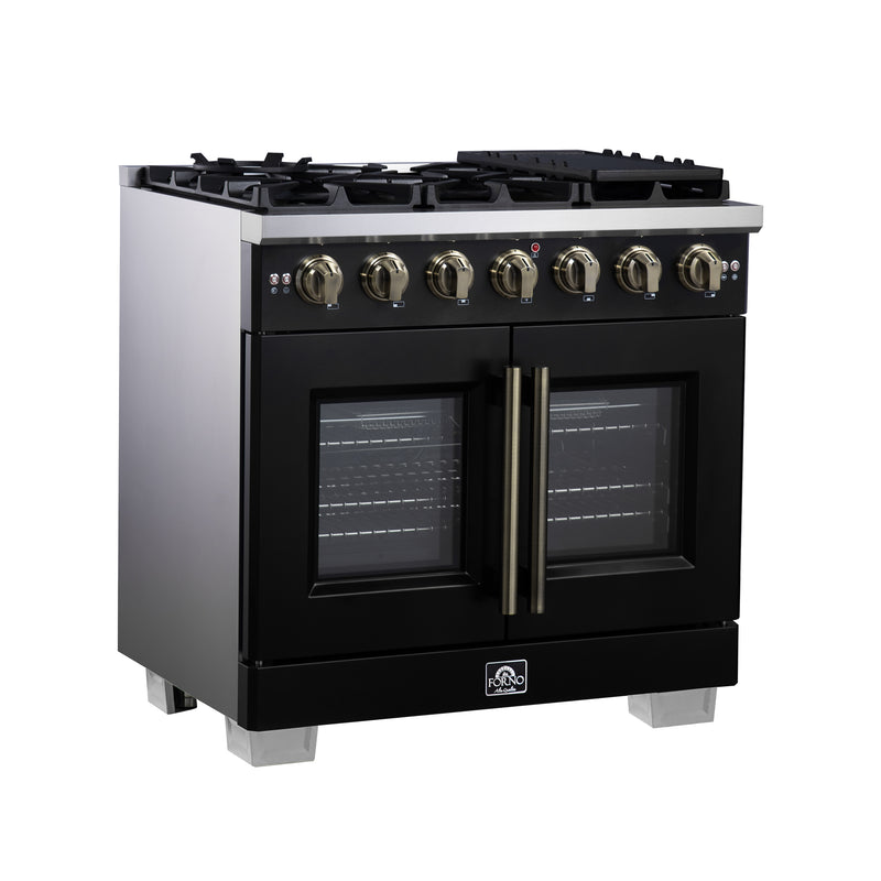 Forno Capriasca 36" Freestanding French Door Gas Range in Black, 6 Burners, Brass Burners, FFSGS6460-36BLK