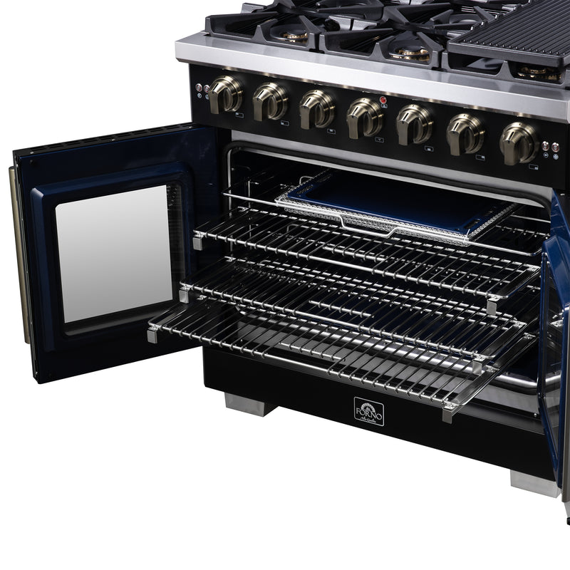Forno Capriasca 36" Freestanding French Door Gas Range in Black, 6 Burners, Brass Burners, FFSGS6460-36BLK