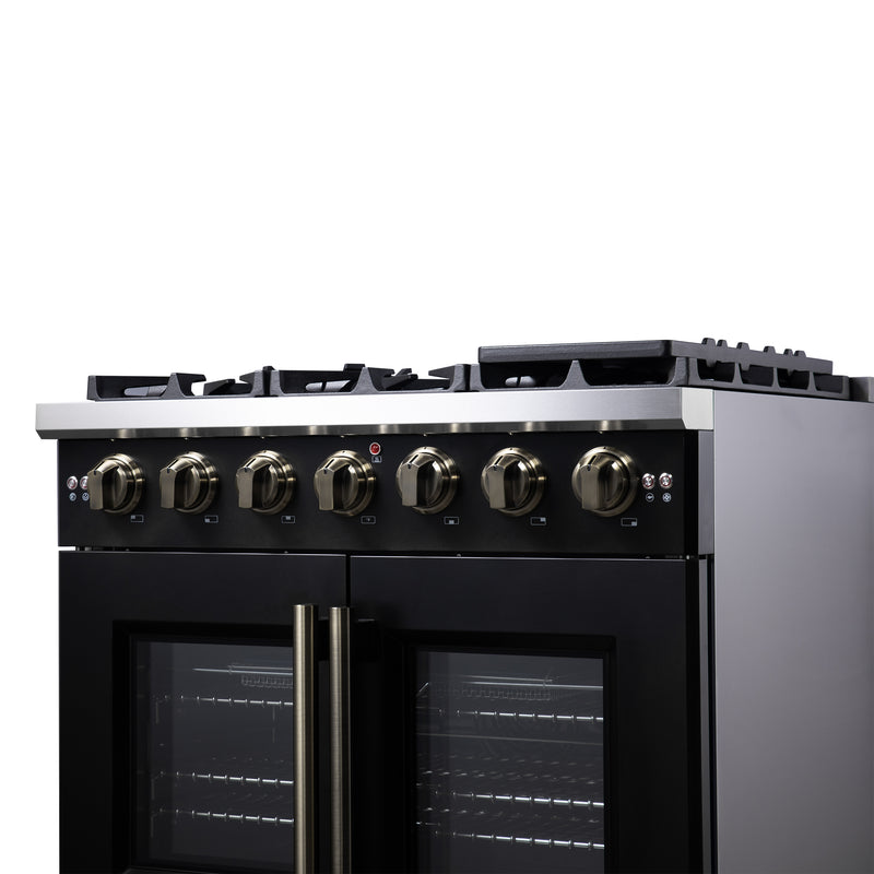 Forno Capriasca 36" Freestanding French Door Gas Range in Black, 6 Burners, Brass Burners, FFSGS6460-36BLK