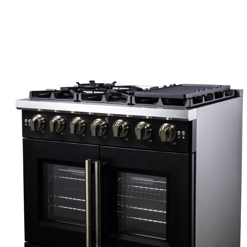 Forno Capriasca 36" Freestanding French Door Gas Range in Black, 6 Burners, Brass Burners, FFSGS6460-36BLK