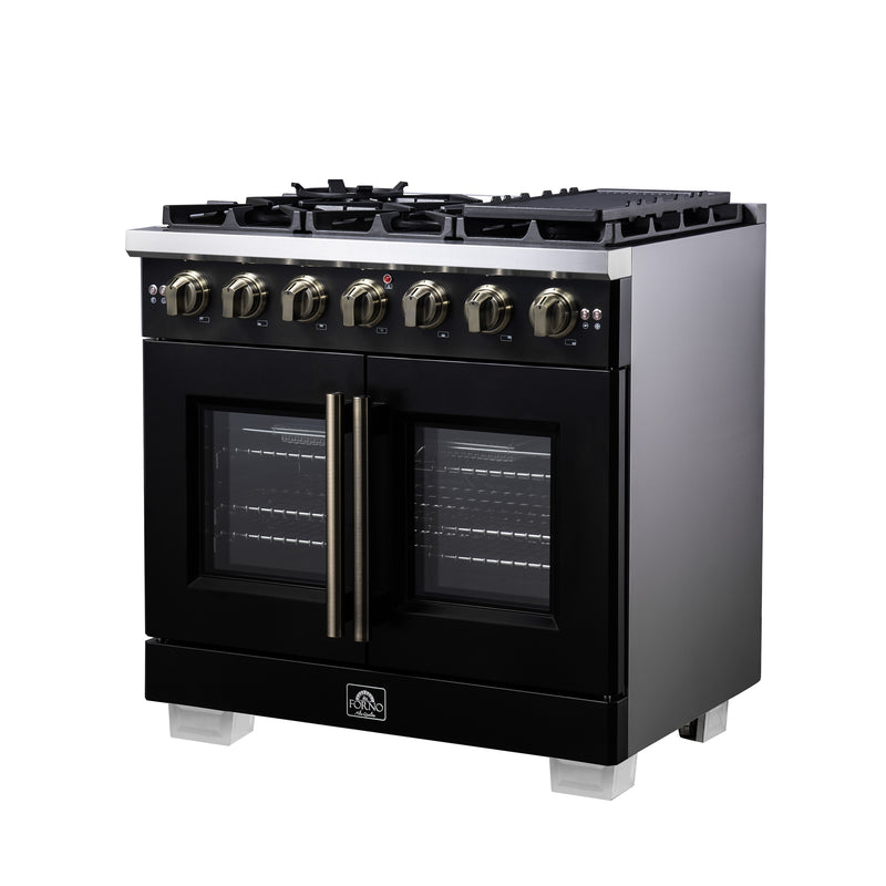 Forno Capriasca 36" Freestanding French Door Gas Range in Black, 6 Burners, Brass Burners, FFSGS6460-36BLK