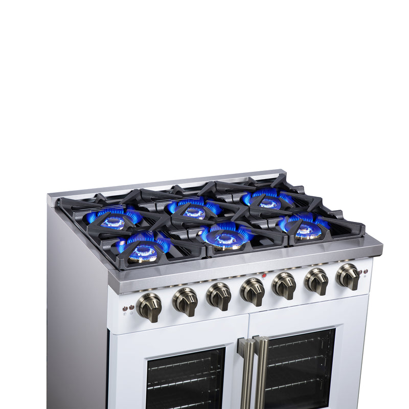 Forno Capriasca 36" Freestanding French Door Gas Range in White, 6 Burners, Brass Burners, FFSGS6460-36WHT