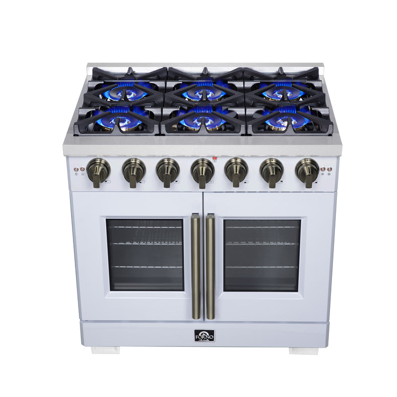 Forno Capriasca 36" Freestanding French Door Gas Range in White, 6 Burners, Brass Burners, FFSGS6460-36WHT