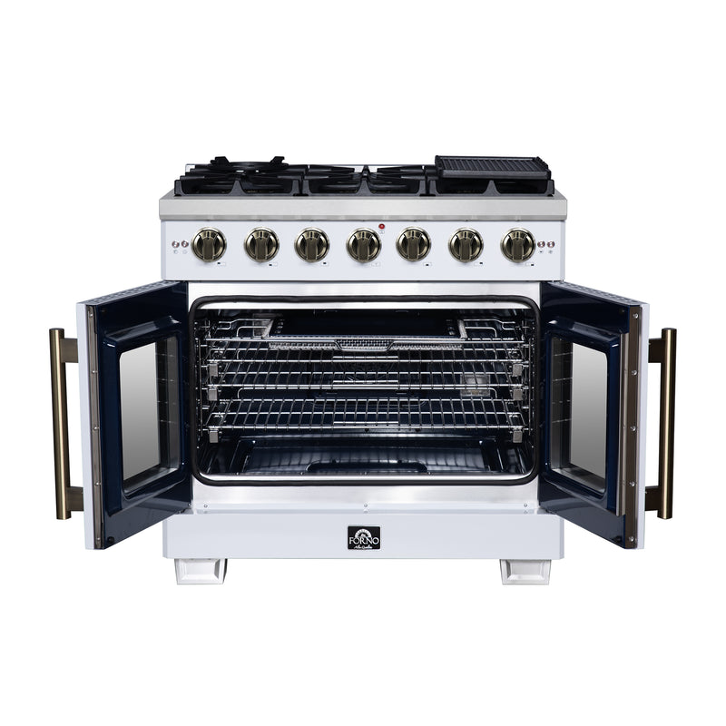 Forno Capriasca 36" Freestanding French Door Gas Range in White, 6 Burners, Brass Burners, FFSGS6460-36WHT
