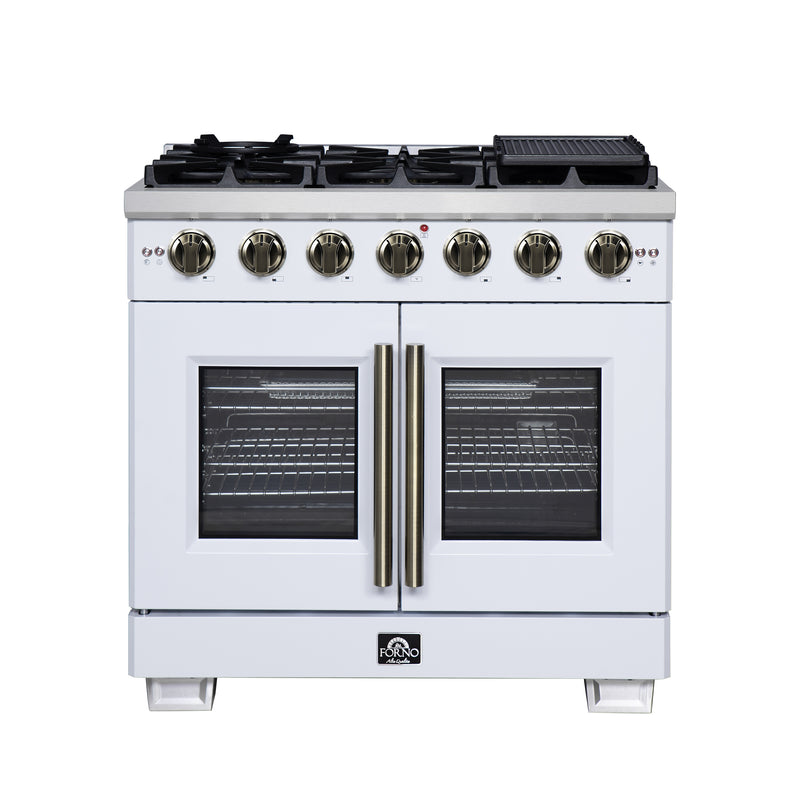 Forno Capriasca 36" Freestanding French Door Gas Range in White, 6 Burners, Brass Burners, FFSGS6460-36WHT