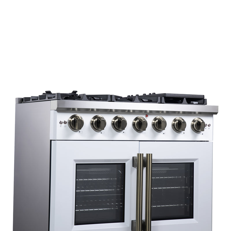 Forno Capriasca 36" Freestanding French Door Gas Range in White, 6 Burners, Brass Burners, FFSGS6460-36WHT