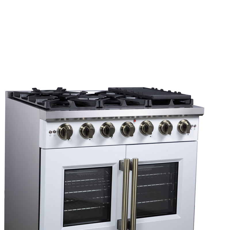 Forno Capriasca 36" Freestanding French Door Gas Range in White, 6 Burners, Brass Burners, FFSGS6460-36WHT
