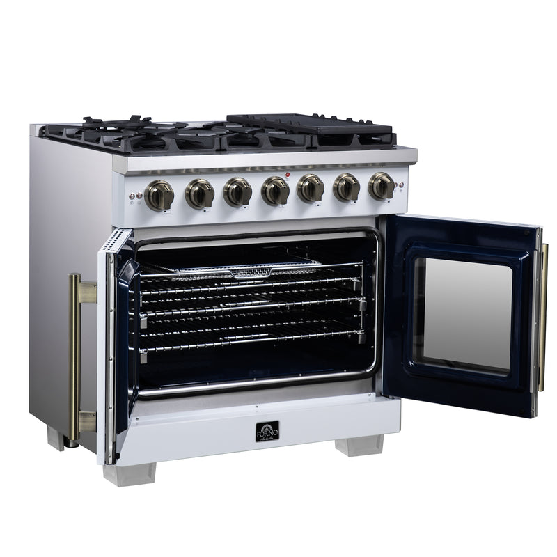 Forno Capriasca 36" Freestanding French Door Gas Range in White, 6 Burners, Brass Burners, FFSGS6460-36WHT