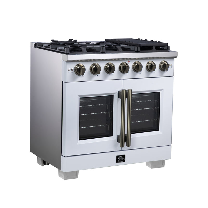 Forno Capriasca 36" Freestanding French Door Gas Range in White, 6 Burners, Brass Burners, FFSGS6460-36WHT