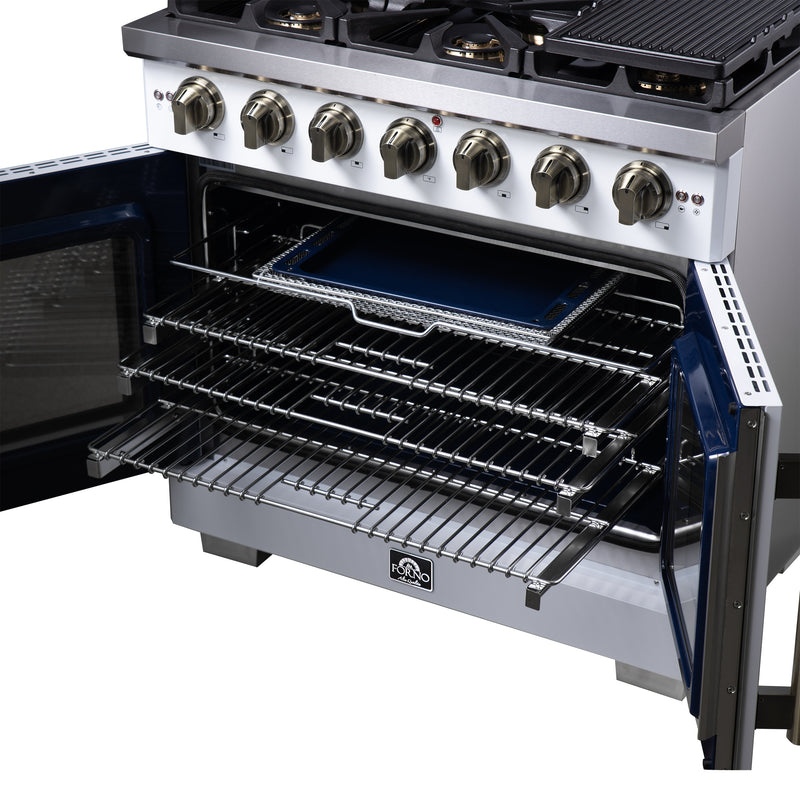 Forno Capriasca 36" Freestanding French Door Gas Range in White, 6 Burners, Brass Burners, FFSGS6460-36WHT