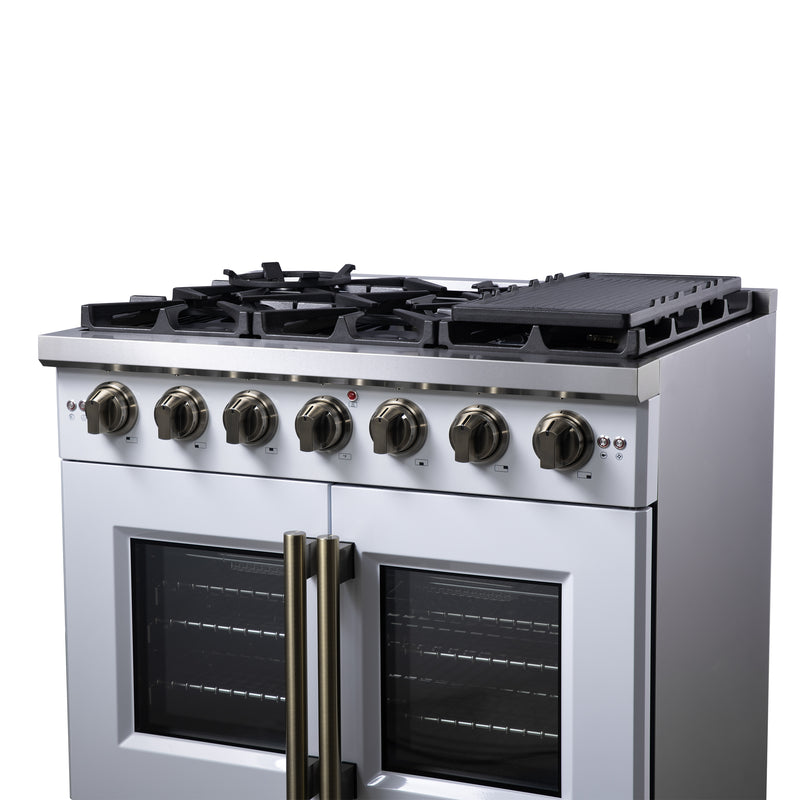 Forno Capriasca 36" Freestanding French Door Gas Range in White, 6 Burners, Brass Burners, FFSGS6460-36WHT