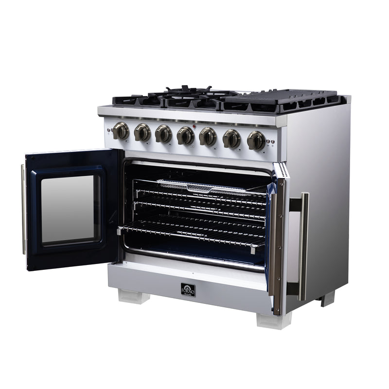 Forno Capriasca 36" Freestanding French Door Gas Range in White, 6 Burners, Brass Burners, FFSGS6460-36WHT