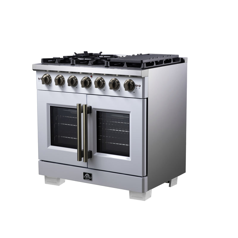 Forno Capriasca 36" Freestanding French Door Gas Range in White, 6 Burners, Brass Burners, FFSGS6460-36WHT