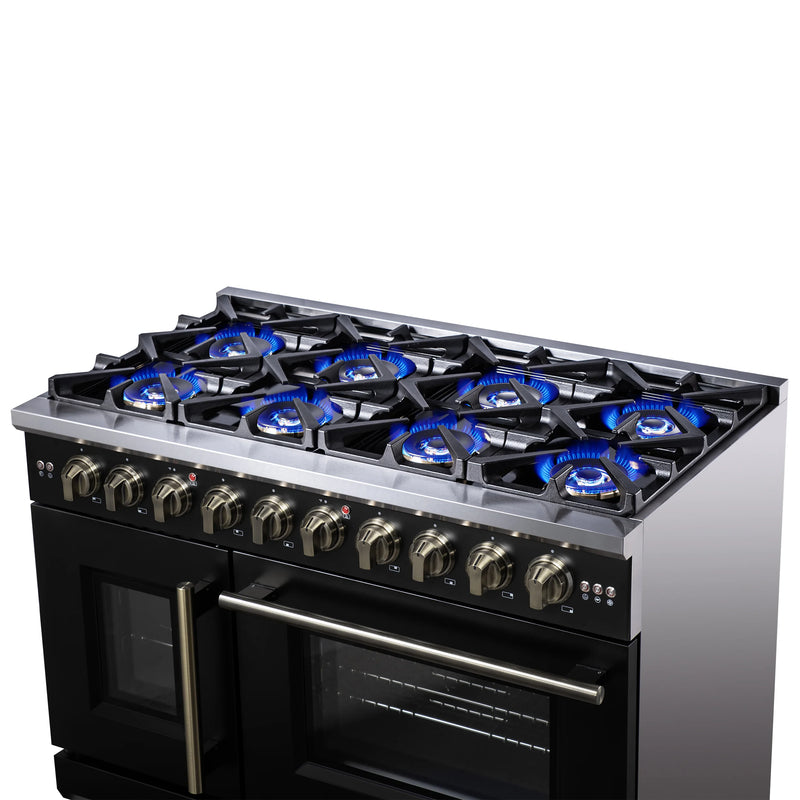 Forno Capriasca 48-Inch Black Freestanding French Door Gas Range, 8 Burners, Convection Oven, Energy Efficient