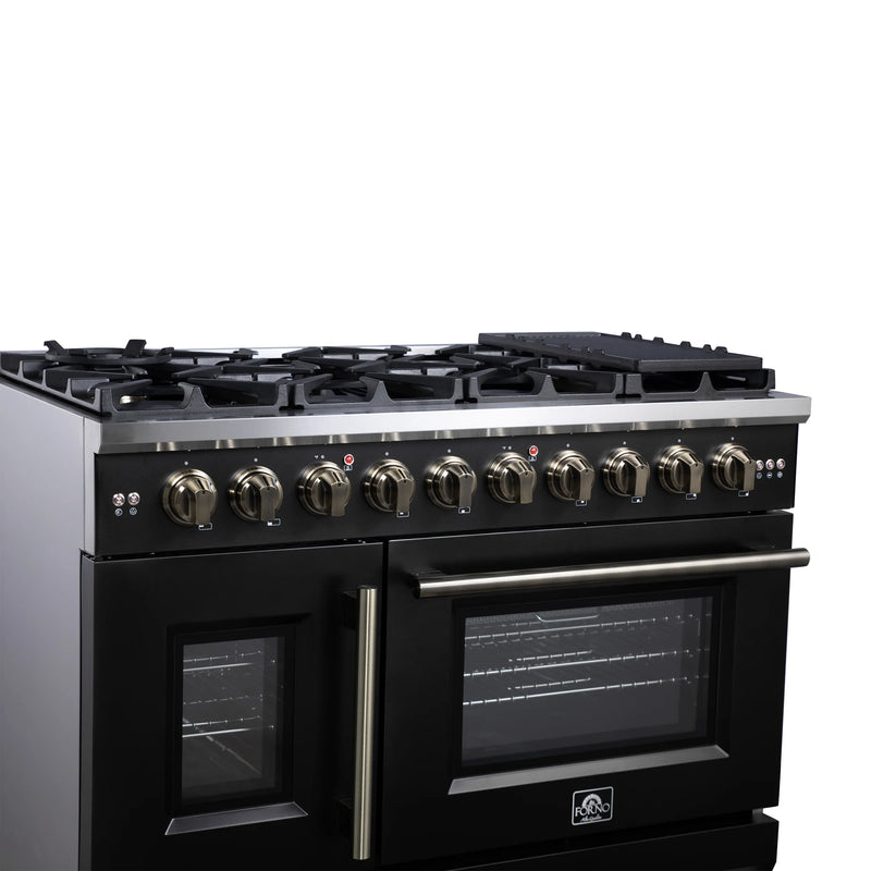 Forno Capriasca 48-Inch Black Freestanding French Door Gas Range, 8 Burners, Convection Oven, Energy Efficient