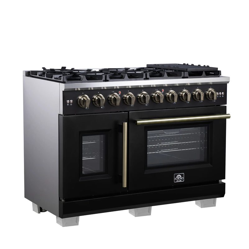 Forno Capriasca 48-Inch Black Freestanding French Door Gas Range, 8 Burners, Convection Oven, Energy Efficient