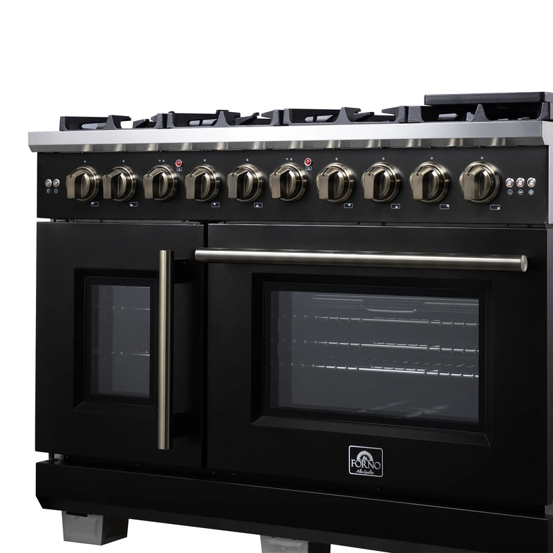 Forno Capriasca 48-Inch Black Freestanding French Door Gas Range, 8 Burners, Convection Oven, Energy Efficient