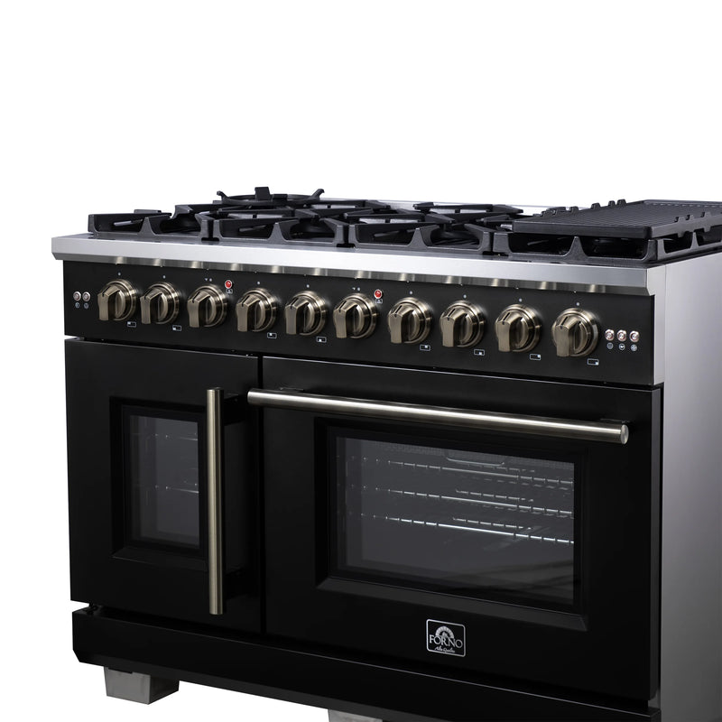 Forno Capriasca 48-Inch Black Freestanding French Door Gas Range, 8 Burners, Convection Oven, Energy Efficient