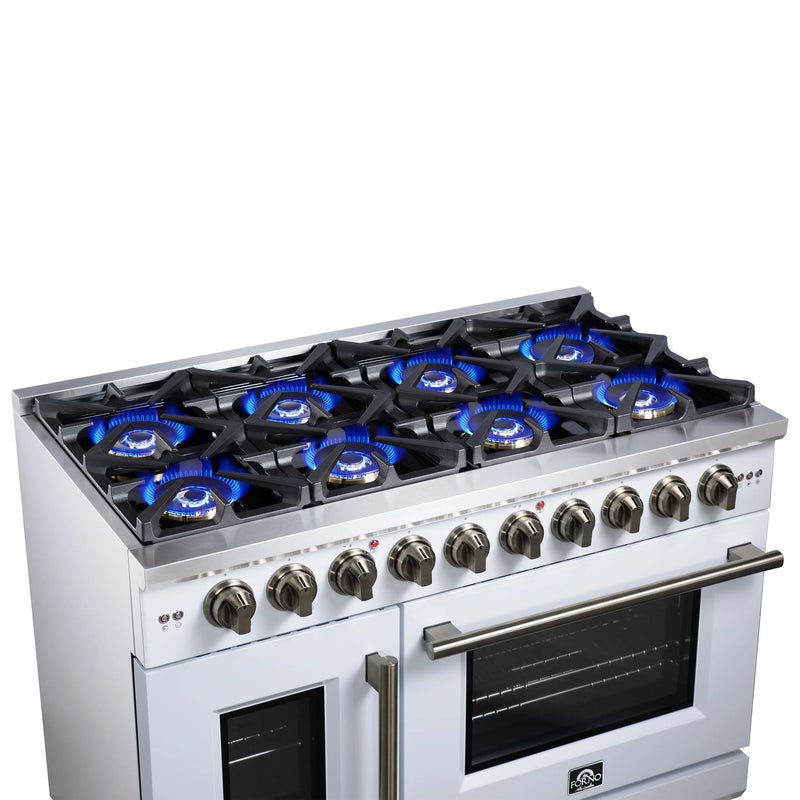 Forno Capriasca 48-Inch White Freestanding French Door Gas Range, 8 Burners, Convection Oven, Energy Efficient