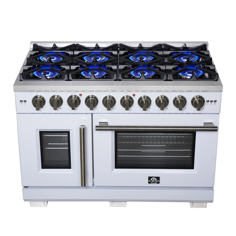 Forno Capriasca 48-Inch White Freestanding French Door Gas Range, 8 Burners, Convection Oven, Energy Efficient