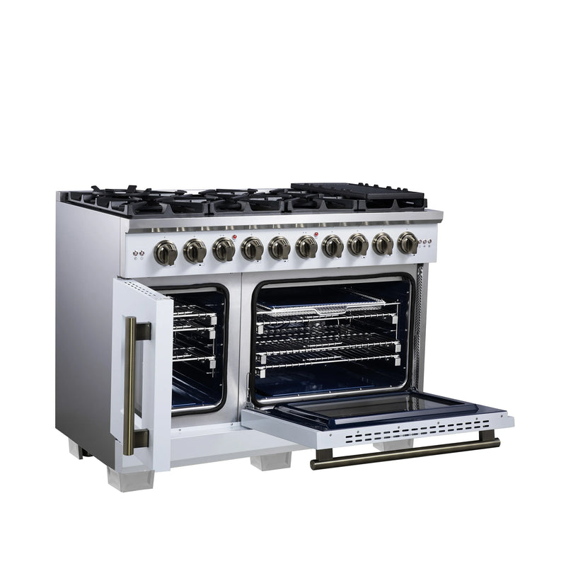 Forno Capriasca 48-Inch White Freestanding French Door Gas Range, 8 Burners, Convection Oven, Energy Efficient