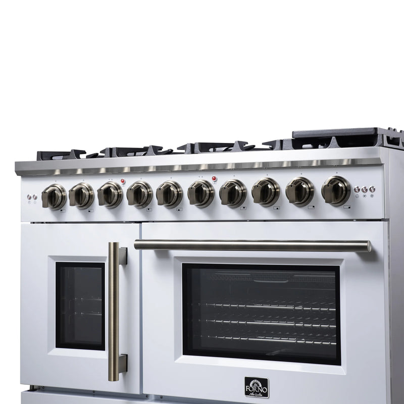 Forno Capriasca 48-Inch White Freestanding French Door Gas Range, 8 Burners, Convection Oven, Energy Efficient