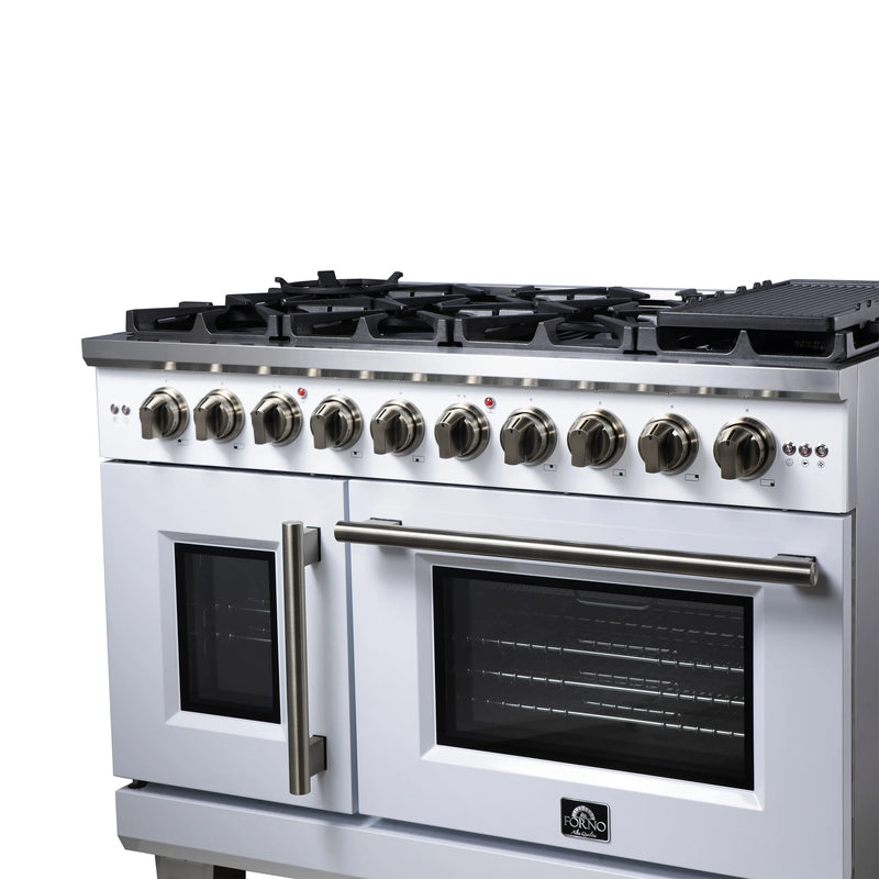 Forno Capriasca 48-Inch White Freestanding French Door Gas Range, 8 Burners, Convection Oven, Energy Efficient