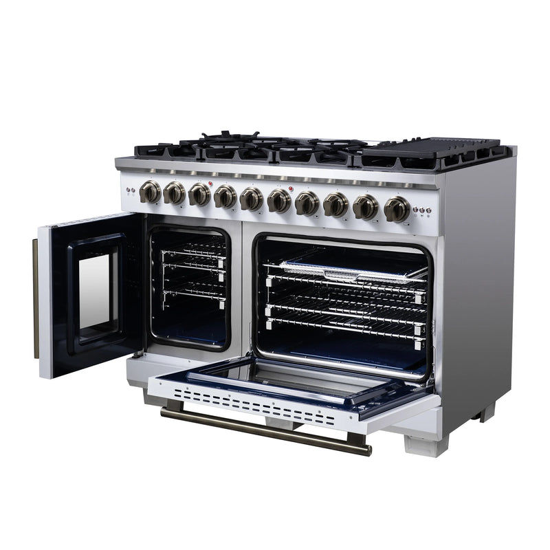 Forno Capriasca 48-Inch White Freestanding French Door Gas Range, 8 Burners, Convection Oven, Energy Efficient