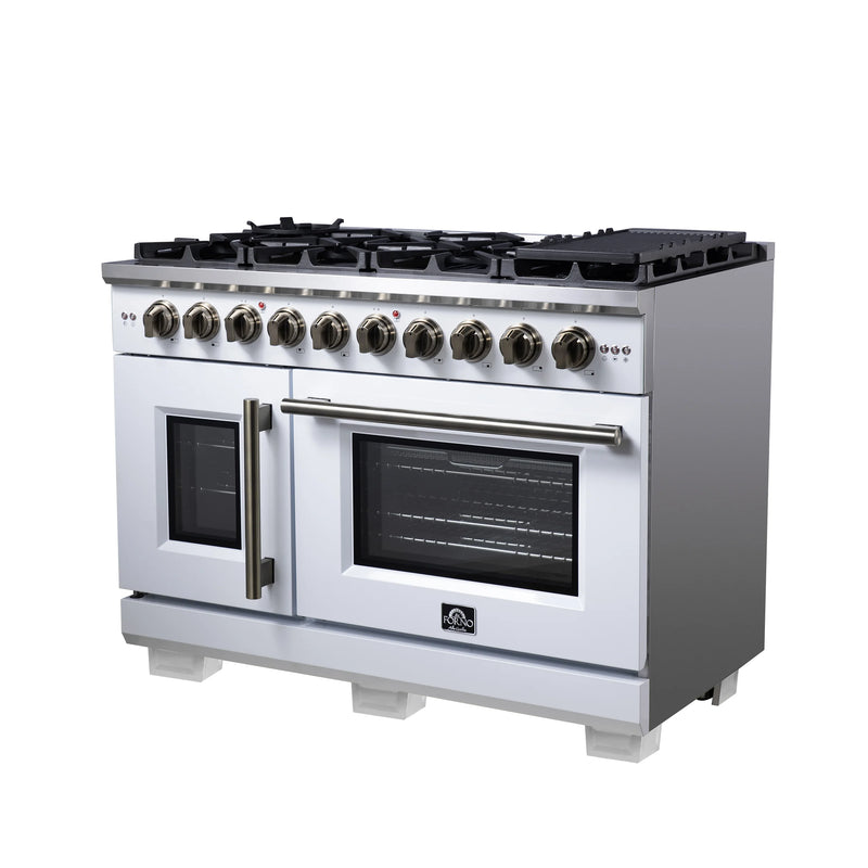 Forno Capriasca 48-Inch White Freestanding French Door Gas Range, 8 Burners, Convection Oven, Energy Efficient
