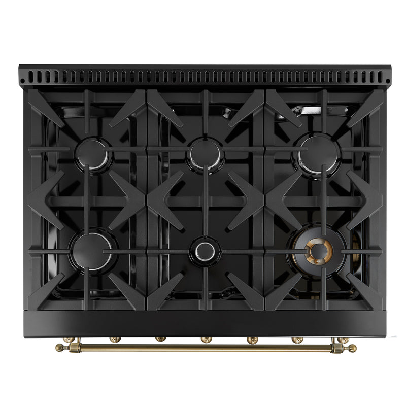 Forno Antico 36" Freestanding Gas Range in Black, 6 Burners, True Convection, with Antique Brass Handles, FFSGS6219-36BLK