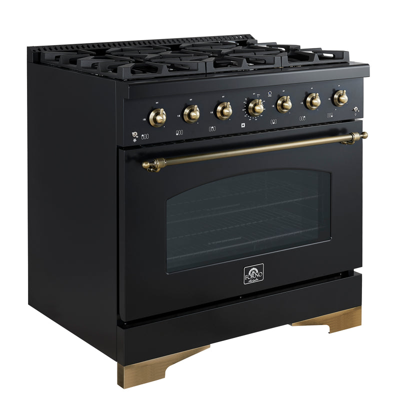 Forno Antico 36" Freestanding Gas Range in Black, 6 Burners, True Convection, with Antique Brass Handles, FFSGS6219-36BLK