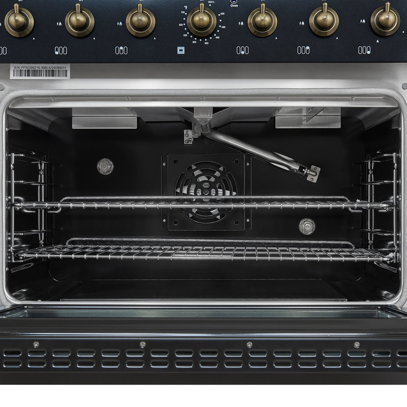 Forno Antico 36" Freestanding Gas Range in Black, 6 Burners, True Convection, with Antique Brass Handles, FFSGS6219-36BLK