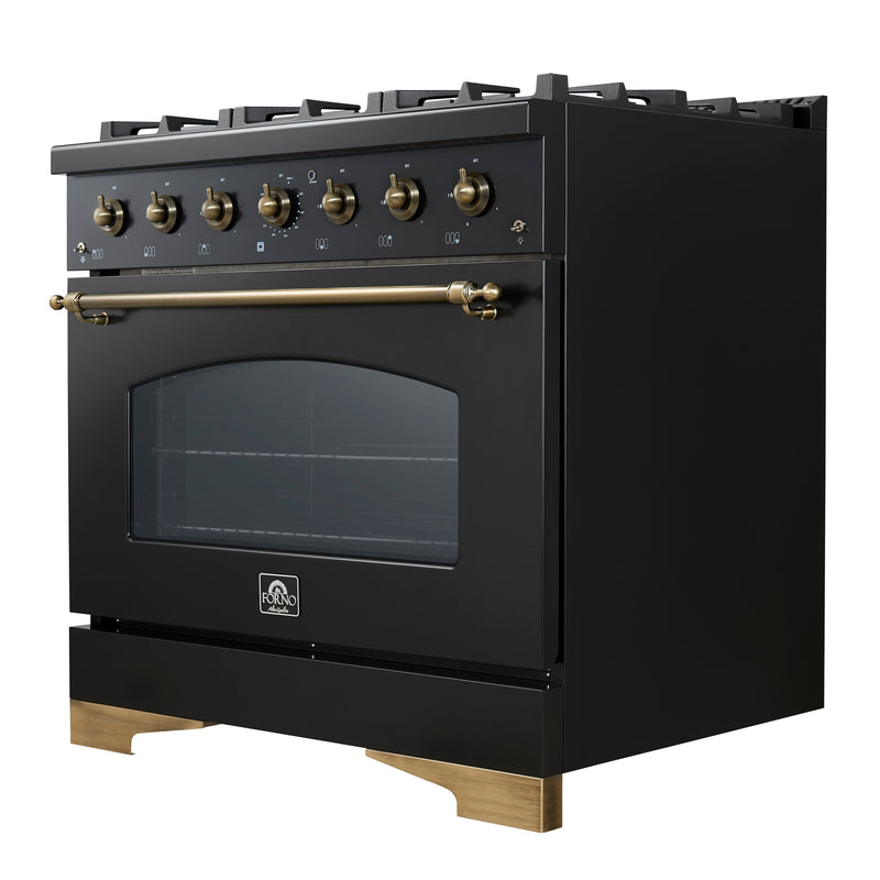 Forno Antico 36" Freestanding Gas Range in Black, 6 Burners, True Convection, with Antique Brass Handles, FFSGS6219-36BLK
