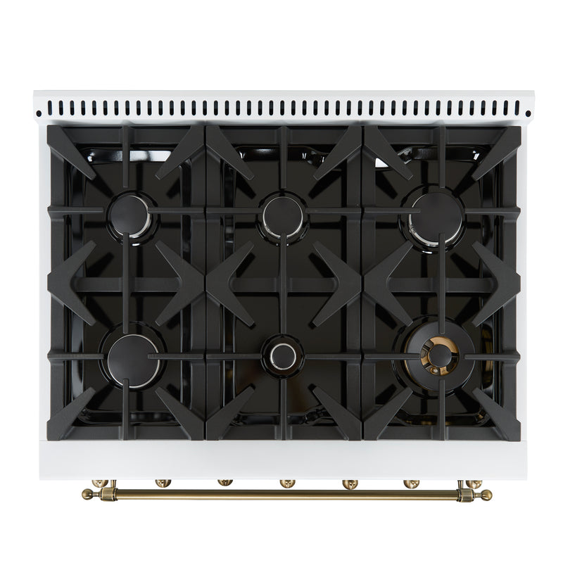 Forno Antico 36" Freestanding Gas Range in White, 6 Burners, with Antique Brass Handles, FFSGS6219-36WHT