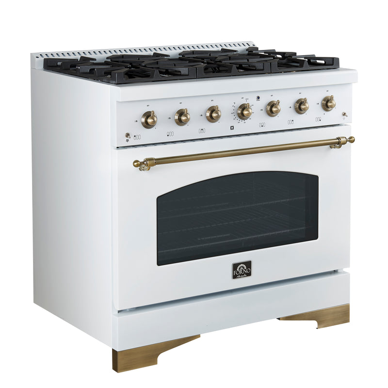 Forno Antico 36" Freestanding Gas Range in White, 6 Burners, with Antique Brass Handles, FFSGS6219-36WHT