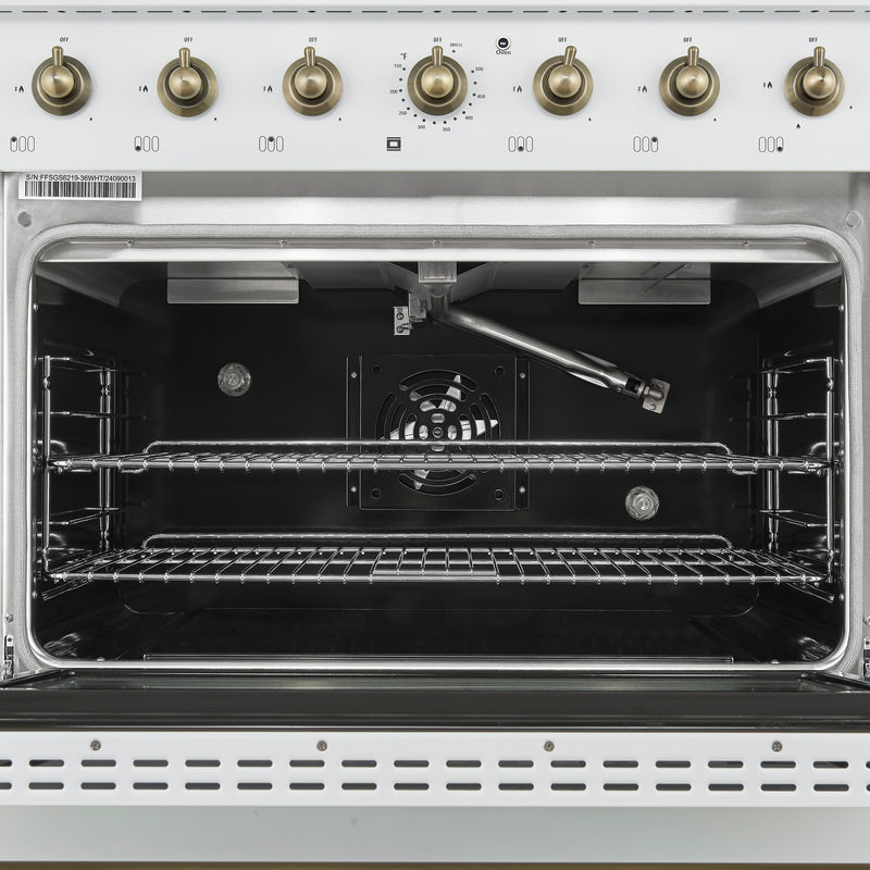 Forno Antico 36" Freestanding Gas Range in White, 6 Burners, with Antique Brass Handles, FFSGS6219-36WHT