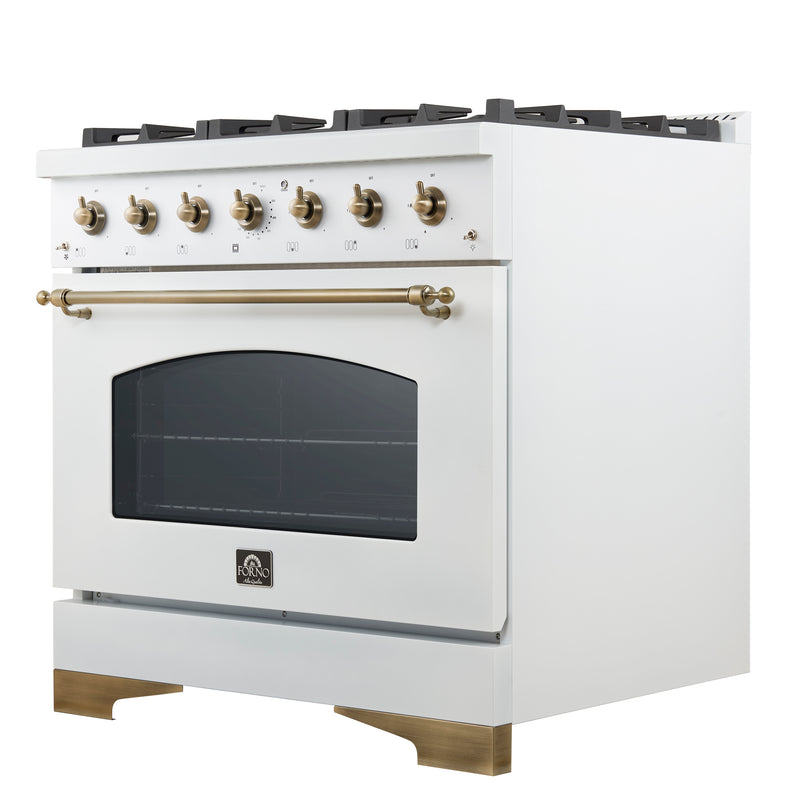 Forno Antico 36" Freestanding Gas Range in White, 6 Burners, with Antique Brass Handles, FFSGS6219-36WHT