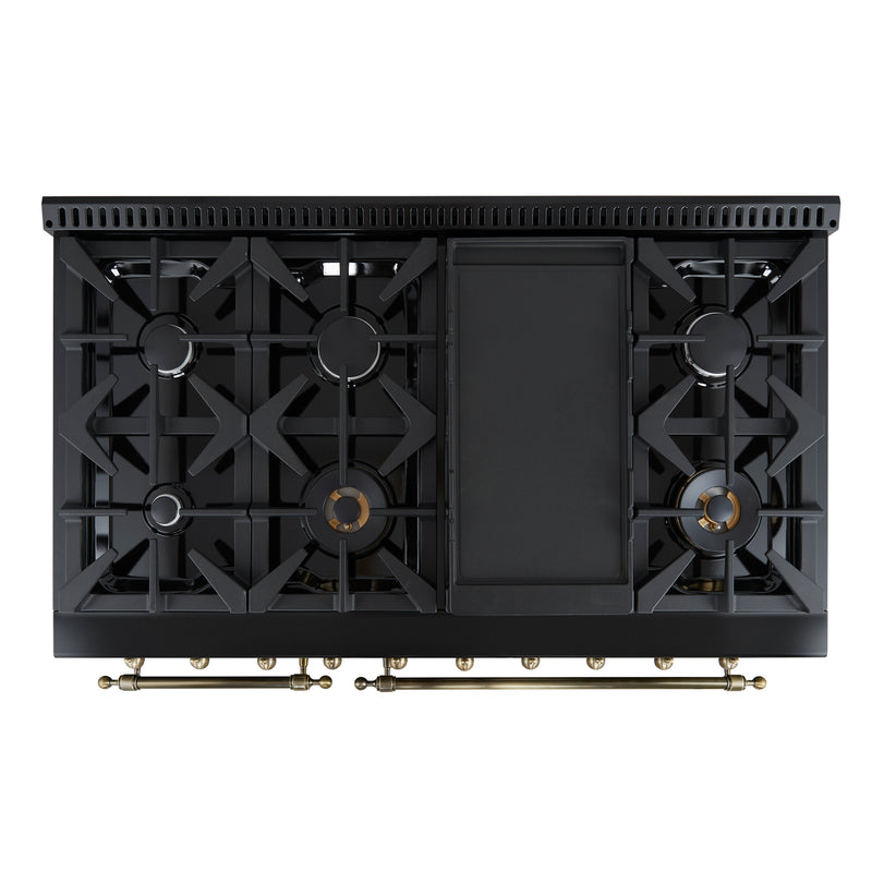 Forno Antico 48" Freestanding Gas Range in Black, Double Oven, 8 Burners, with Antique Brass Handles, FFSGS6219-48BLK