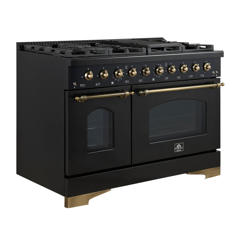 Forno Antico 48" Freestanding Gas Range in Black, Double Oven, 8 Burners, with Antique Brass Handles, FFSGS6219-48BLK