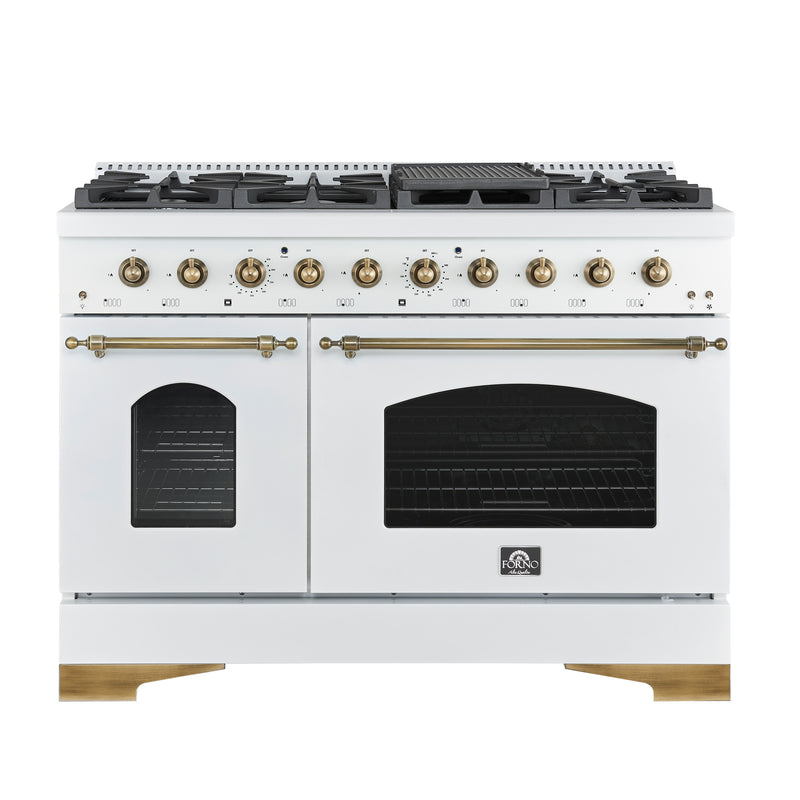 Forno Antico 48" Freestanding Gas Range in White, Double Oven, 8 Burners, with Antique Brass Handles, FFSGS6219-48WHT