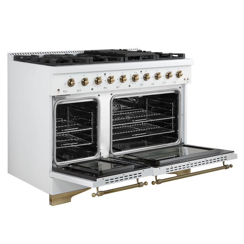 Forno Antico 48" Freestanding Gas Range in White, Double Oven, 8 Burners, with Antique Brass Handles, FFSGS6219-48WHT