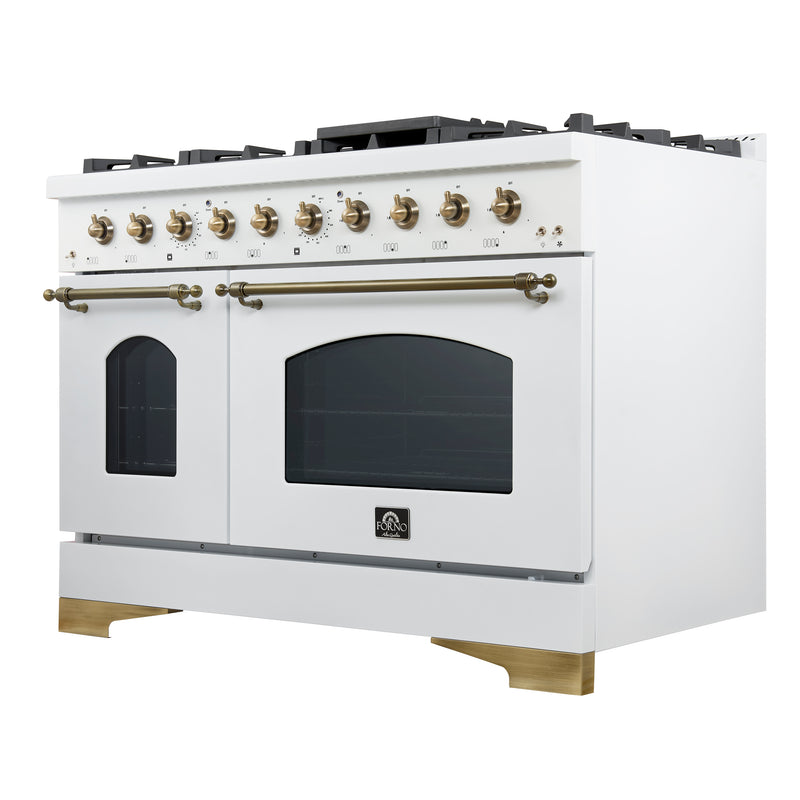 Forno Antico 48" Freestanding Gas Range in White, Double Oven, 8 Burners, with Antique Brass Handles, FFSGS6219-48WHT