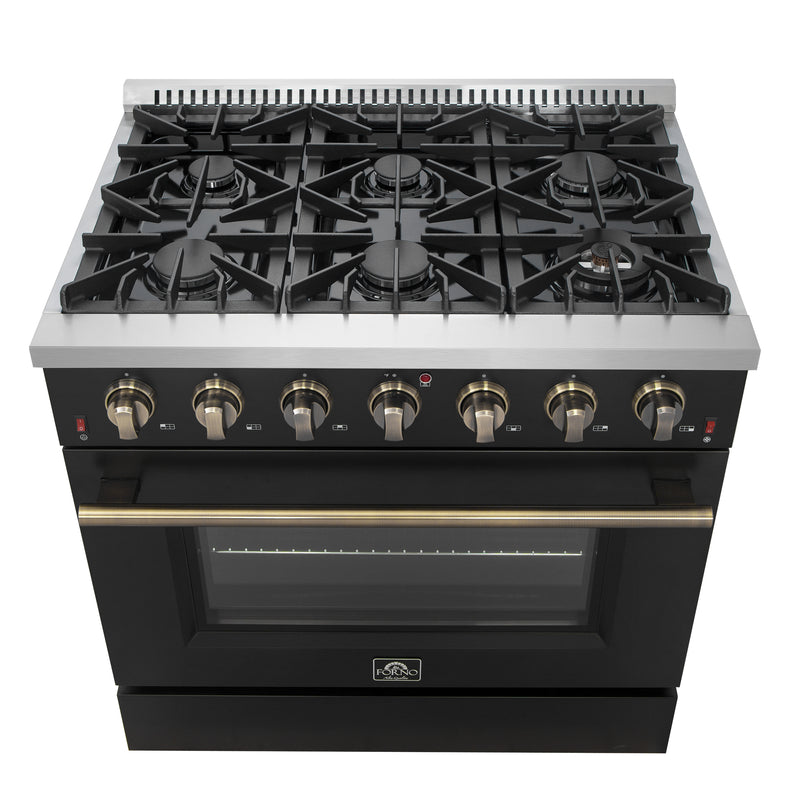 Forno Galiano 36" Freestanding Gas Range in Black, 6 Burners, Cast-Iron Grates, with Antique Brass Handles, FFSGS6244-36BLK