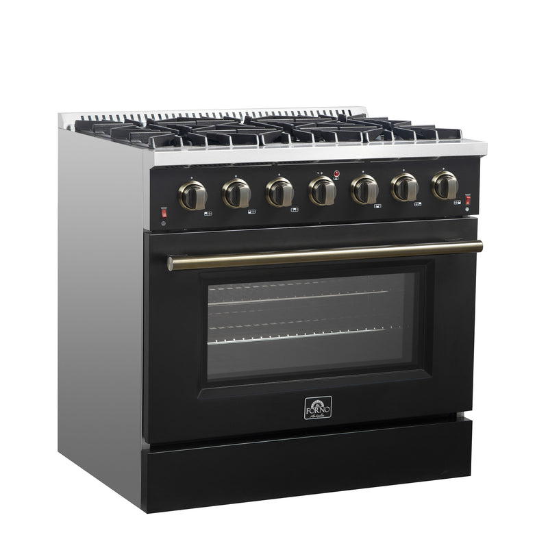 Forno Galiano 36" Freestanding Gas Range in Black, 6 Burners, Cast-Iron Grates, with Antique Brass Handles, FFSGS6244-36BLK