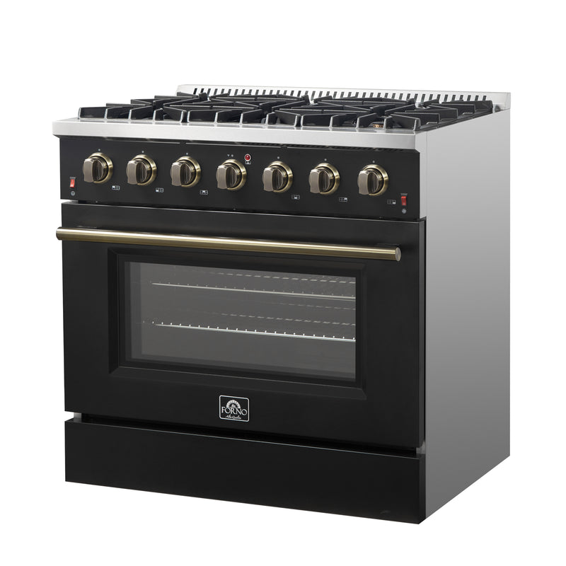 Forno Galiano 36" Freestanding Gas Range in Black, 6 Burners, Cast-Iron Grates, with Antique Brass Handles, FFSGS6244-36BLK