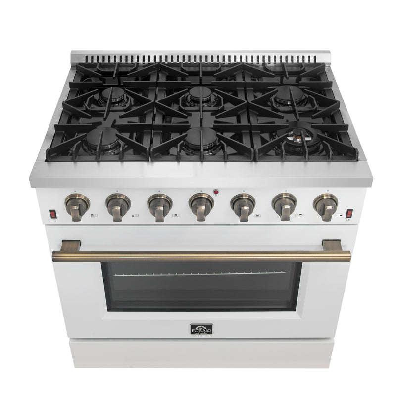 Forno Galiano 36" Freestanding Gas Range in White, 6 Burners, Cast-Iron Grates, with Antique Brass Handles, FFSGS6244-36WHT